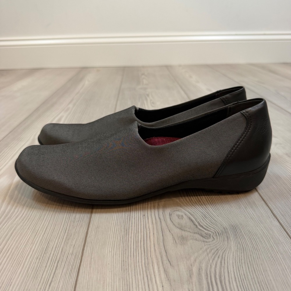 Munro American Gray Stretch Fabric Black Leather Trim Slip On Flats Shoes 12 M